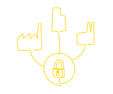 Trusted data hub symbol image with a symbol of a lock in the middle connecting factories and other data consumers